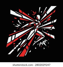 A stylized graphic illustration of a human figure running through an explosion of sharp geometric shards in red white and black colors representing speed and energy
