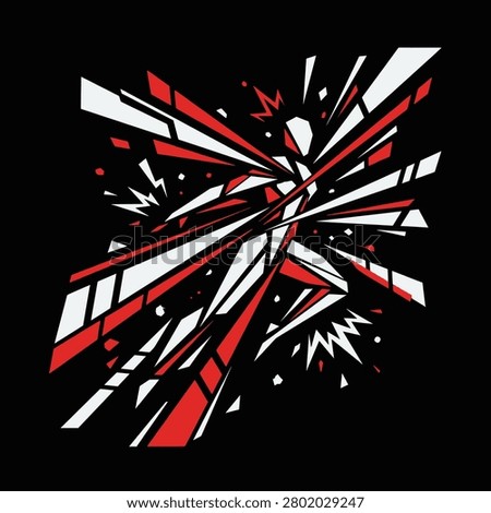 A stylized graphic illustration of a human figure running through an explosion of sharp geometric shards in red white and black colors representing speed and energy