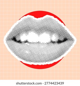 A stylized graphic illustration of lips featuring a halftone dot pattern, set against a vibrant red circle and a soft pink grid background in pop art style.