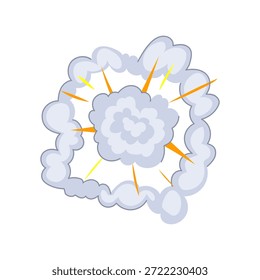 Ilustração gráfica estilizada mostrando uma explosão de quadrinhos com fumaça cinza, raios laranja e flashes amarelos, indicando impacto, um estrondo ou um efeito de ruptura
