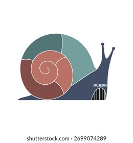 A stylized graphic illustration of a snail whose body is a museum. The shell is composed of colorful geometric segments in muted tones on a white background.