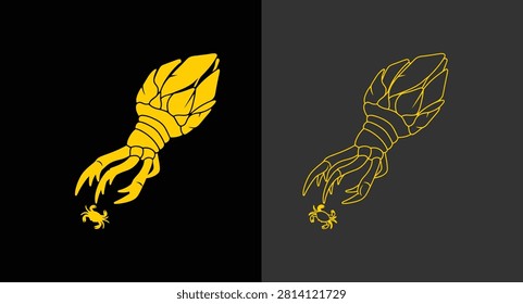 Stylized graphic illustration of a squid catching prey in gold with line art
