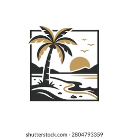 A stylized graphic illustration of a tropical beach scene featuring a palm tree silhouette sunset over the ocean and flying birds inside a square border