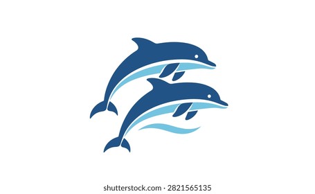 Stylized graphic illustration of two blue dolphins leaping gracefully in unison over a light blue ocean wave.