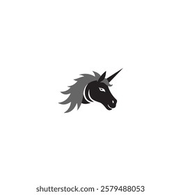 A stylized, graphic illustration of a unicorn head, facing right, in profile view, with a predominantly dark color scheme., The unicorn has a black or very dark grey coat, a grey mane and tail, and a 