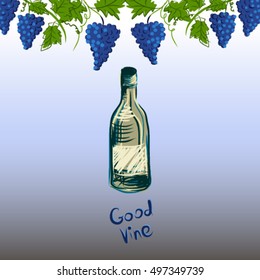Stylized graphic image of a vine with grapes. Decorative square frame with branch of grapes, grape leaves and vine bottle. Good vine. Vector image.