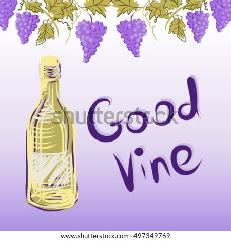 Stylized graphic image of a vine with grapes. Decorative square frame with branch of grapes, grape leaves and vine bottle. Good vine. Vector image.