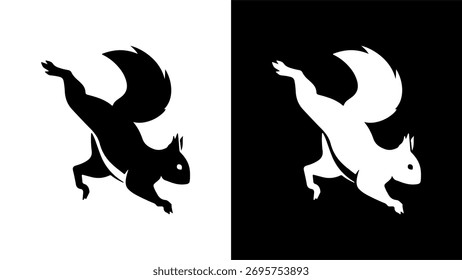 A stylized graphic of a jumping squirrel in black and white negative space