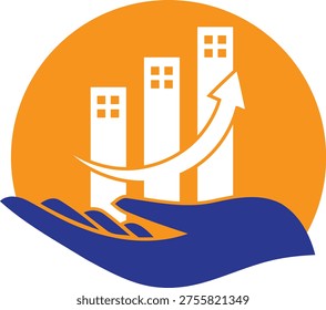 Stylized graphic logo featuring a blue hand holding three vertical bars resembling buildings with windows, set against an orange circular background. The bars increase in height from left to right, with a white upward‑pointing arrow curving across them to symbolize growth, progress, and urban development.