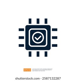 A stylized graphic of a microchip with a checkmark symbol, representing technology, verification, and functionality in electronic devices.