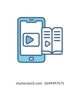 Gráfico estilizado de un dispositivo móvil y un libro abierto que sugiere soluciones de aprendizaje digital. Diseño de Vector plano con líneas limpias.