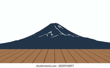 Stylized graphic of Mount Fuji volcano silhouette sitting above a textured wooden floorboard surface.