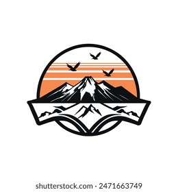 A stylized graphic of a mountain range with snow-capped peaks set against an orange sky with horizontal lines and three birds flying above. The image is enclosed in a circular frame with a black outli