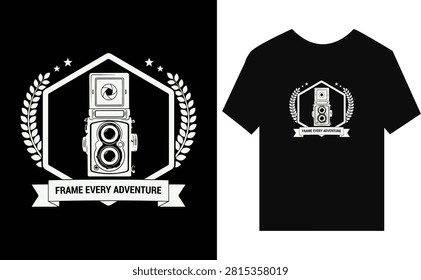 A stylized graphic of an old twinlens reflex camera inside a laurelwreathed emblem with stars above and a banner reading Frame Every Adventure on a black tshirt
