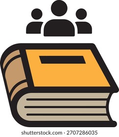 Gráfico estilizado de un libro abierto con una cubierta naranja y páginas de color canela, coronado por tres iconos de persona negra.