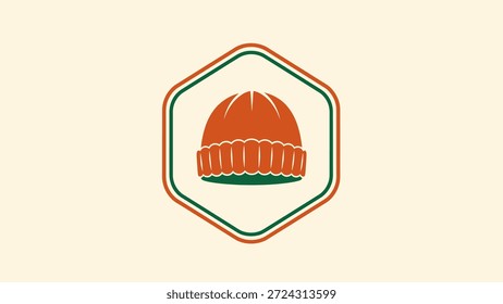 Elemento gráfico estilizado de um chapéu de gorro laranja com textura estriada, delimitado por uma borda hexágono verde e laranja contra um fundo creme.