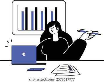 Stylized graphic of a person in a professional setting, highlighting productivity with a laptop, pen, and charts.