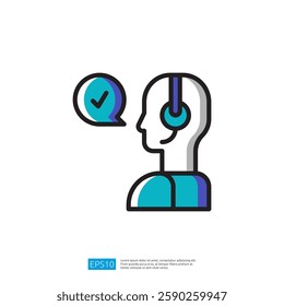 a stylized graphic of a person wearing a headset, accompanied by a speech bubble with a checkmark, symbolizing communication and support illustration icon.