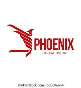 Stylized graphic phoenix bird flying with expanded wings logo template, vector illustration isolated on white background. Phoenix bird logotype template, freedom, development, creativity concept