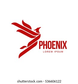 Stylized graphic phoenix bird flying with expanded wings logo template, vector illustration isolated on white background. Phoenix bird logotype template, freedom, development, creativity concept