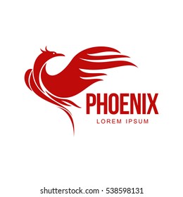 Stylized graphic phoenix bird resurrecting in flame logo template, vector illustration isolated on white background. Phoenix in fire logotype template, revival, rebirth, resurrection concept