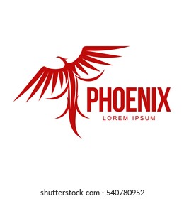 Stylized graphic phoenix bird resurrecting in flame logo template, vector illustration isolated on white background. Phoenix in fire logotype template, revival, rebirth, resurrection concept