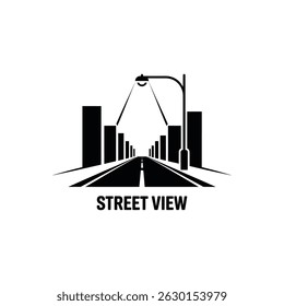 A stylized graphic presents a black and white street view, showing an asphalt road, buildings, and illuminated by a street lamp creating a perspective-driven urban scene.
