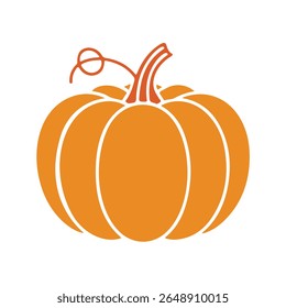 A stylized graphic of a pumpkin with segmented orange sections and white outlines. The pumpkin has a thick, ribbed orange stem and a thin, curling orange vine extending from the top left.