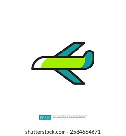 A stylized graphic representation of an airplane in green and blue colors, symbolizing travel and transportation.