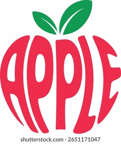 A stylized, graphic representation of an apple formed by the word "APPLE" in bold red lettering. Two green leaves sprout from the top center, completing the fruit shape.