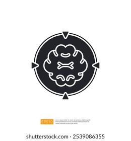 A stylized graphic representation of a brain within a circular design, emphasizing cognitive themes and mental processes.