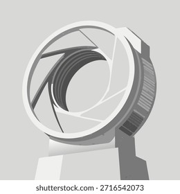Stylized graphic representation of a camera lens aperture, symbolizing photography and technology.