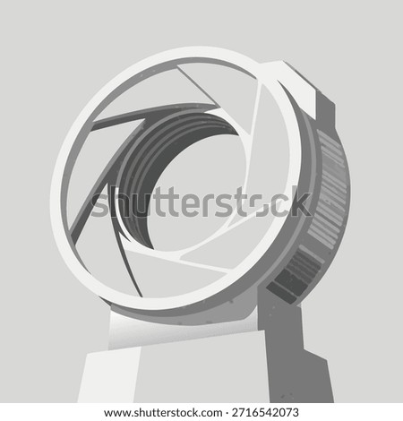 Stylized graphic representation of a camera lens aperture, symbolizing photography and technology.