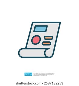 A stylized graphic representation of a document or report, featuring buttons and indicators, suggesting a digital interface or control panel.