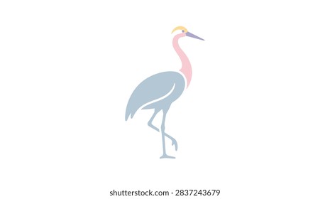A stylized graphic representation of a heron with a soft pink neck and blue body standing on a single leg against a plain white background