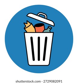Representación gráfica estilizada de un cubo de basura blanco desbordante con una tapa blanca y varios artículos de desecho aislados sobre un fondo circular azul para un uso fácil