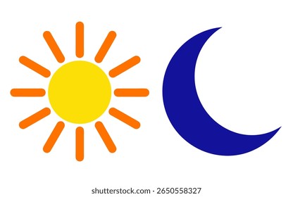 A stylized, graphic representation of the sun and moon. The sun is a bright yellow circle with orange rays, positioned to the left. To the right is a dark blue crescent moon.