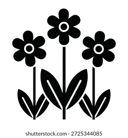 A stylized, graphic representation of three black flowers with white centers, set against a white background. The flowers have five petals each and are depicted with simple, bold lines, accompanied by green leaves at their base.