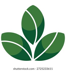 Stylized graphic representation of three green leaves emerging from a central point with white veins and subtle shading