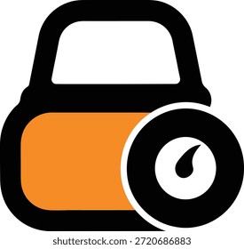 A stylized graphic representing a car door and a speedometer