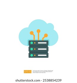 A stylized graphic representing cloud computing with a server and cloud elements, symbolizing data storage and technology integration.