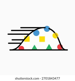 Um gráfico estilizado que representa uma curva com várias formas geométricas e pontos espalhados por ela, sugerindo visualização de dados ou um processo.