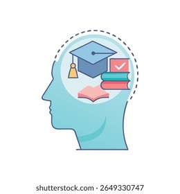Stylized graphic representing education inside the human brain. Light blue color palette, simple shapes, and outlines.
