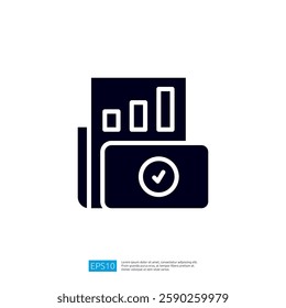a stylized graphic representing financial data, including a bar chart and a checkmark on a document, symbolizing analysis and approval. Illustration icon