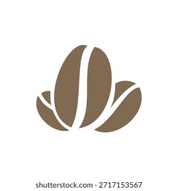 Un gráfico estilizado que representa tres granos de café tostados. El grano central se coloca verticalmente, mientras que los dos granos circundantes están angulados hacia afuera, creando una composición equilibrada y simétrica. Cada frijol presenta una línea blanca y curva distintiva a través del centro para representar el pliegue natural. Este tipo de arte de estilo Vector es ideal para logotipos de cafeterías, diseño de empaques o marcas relacionadas con el café.
