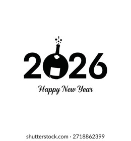 Um gráfico estilizado representando o ano de 2026 com uma garrafa de champanhe e bolhas, significando uma feliz celebração de ano novo.