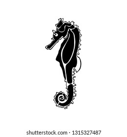 Stylized graphic seahorse isolated on white background. Hand drawn monochrome vector illustration of marine fish for background, texture, pattern design, postcard, banner, poster. 