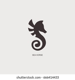 Stylized graphic Seahorse. Silhouette illustration of sea life. Sketch for tattoo on isolated white background. Vector flat logo icon