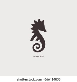 Stylized graphic Seahorse. Silhouette illustration of sea life. Sketch for tattoo on isolated white background. Vector flat logo icon