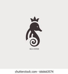 Stylized graphic Seahorse. Silhouette illustration of sea life. Sketch for tattoo on isolated white background. Vector flat logo icon